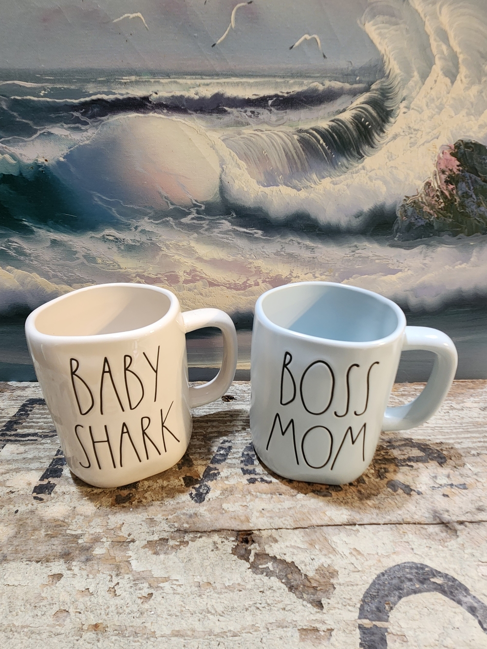 Rae Dunn "Baby Shark" Cream Mug & "Boss Mom" Light Blue Mug